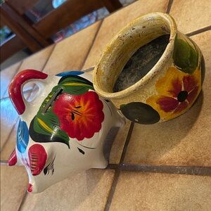 Vintage Mexican Hand-painted Piggy Bank and newly found Vintage flower pot.
